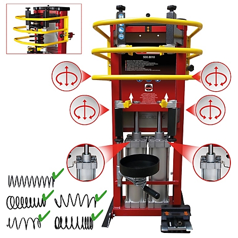 Werkstatt-Federspanner, rot-gelb. Inset-Detail, Pfeile, Federn, Produktname. Kennzeichnung 508.5010.
